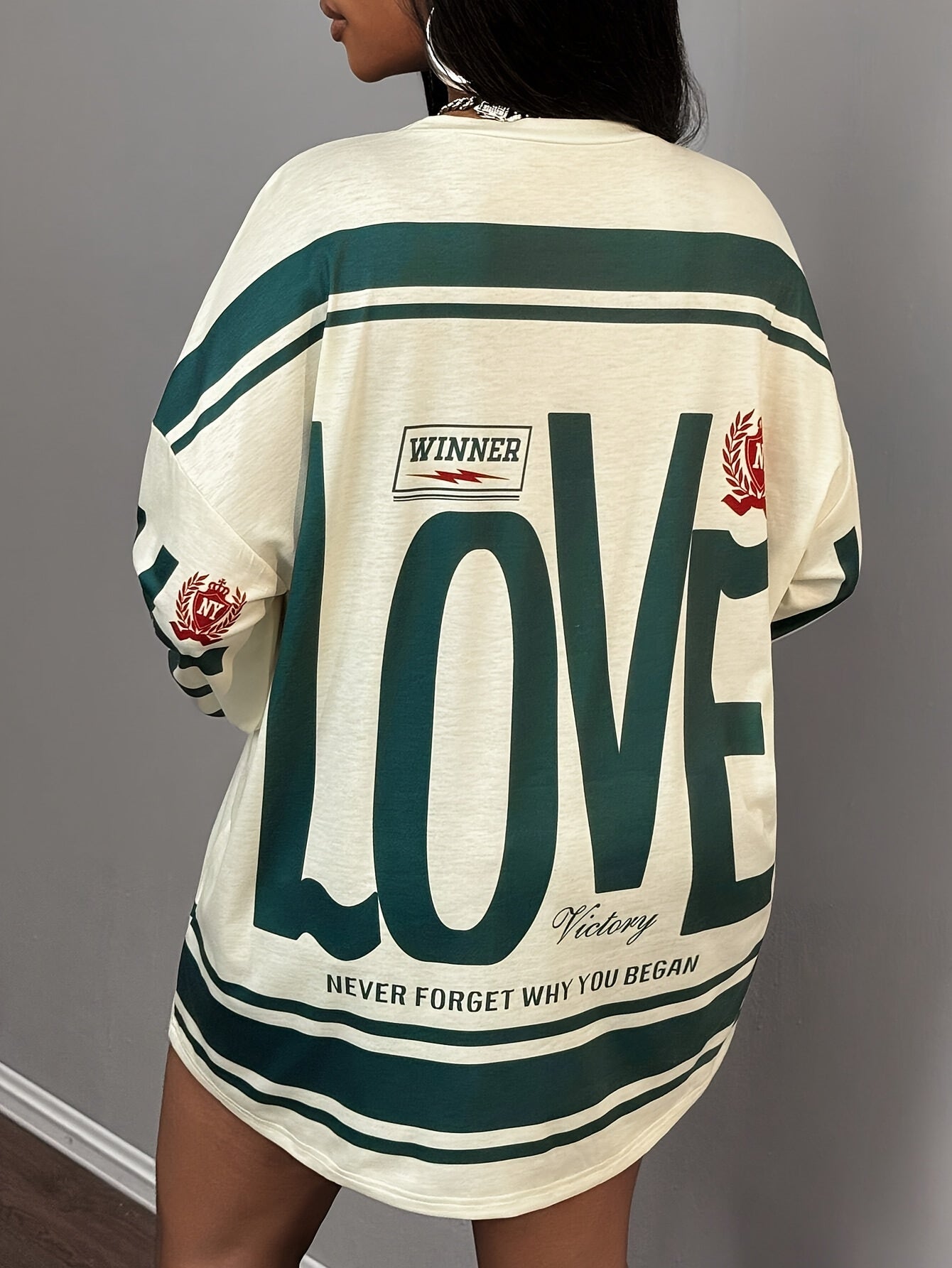Women'S Casual "LOVE" Graphic Long Sleeve T-Shirt - Beige & Green, Drop Shoulder, Pullover, Medium Stretch, Fall & Spring Style, Fall Casual Wear | Graphic Tee | Comfortable Fit, Ladies T Shirts